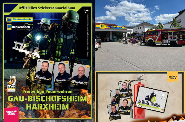 Eine Collage von der Stickerstars-Aktion von der Freiwilligen Feuerwehr Gau-Bischofsheim und EDEKA Deckenbach