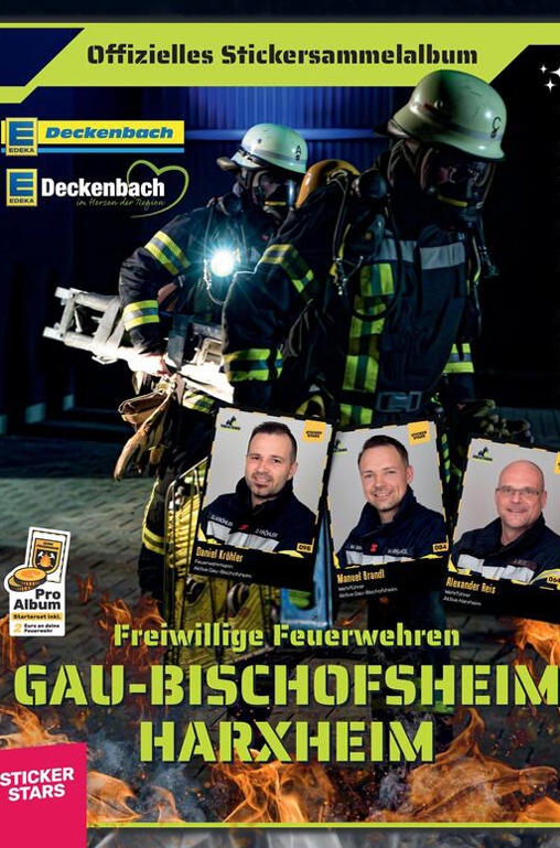 Die Titelseite vom Stickeralbum der Freiwilligen Feuerwehr Gau-Bischofsheim