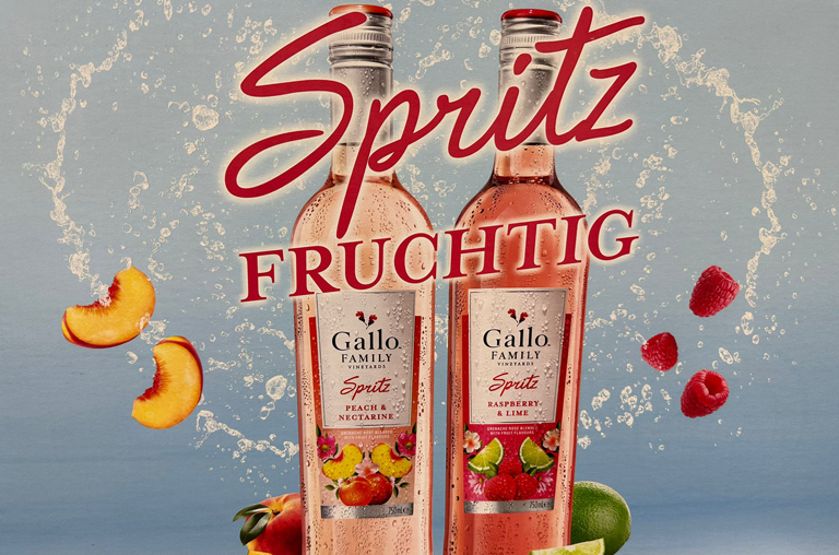 Gallo Family Spritz. Abbildung der Flaschen mit den Sorten Peach & Nectarine sowie Raspberry & Lime