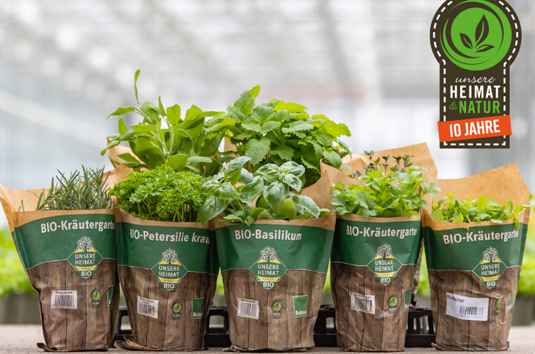 Die verschiedenen Unsere-Heimat-Biolad-Kräutertöpfe, bei deren Kauf ein Teil gespendet wird
